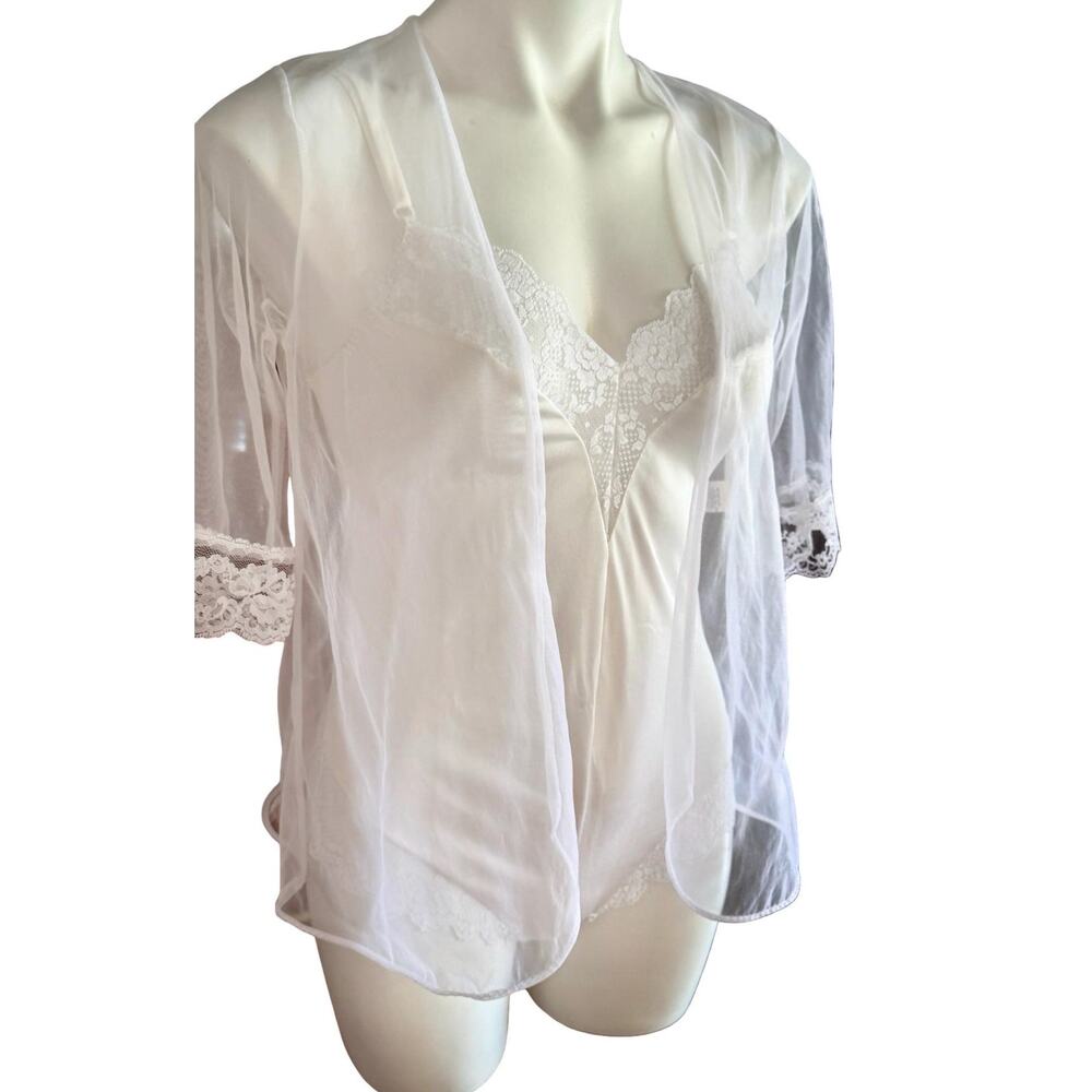 Vintage Angela 1980s White Nylon Lace Teddy With Free Chiffon Bed Jacket 36 M